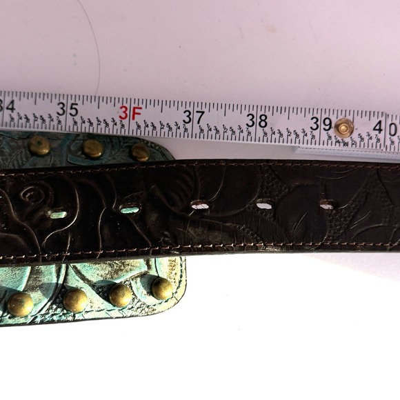 Roper Turquoise Brown Tooled Leather Studded Wide Western Belt Ornate L 37 - Picture 10 of 10